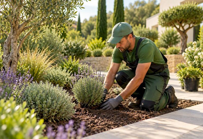 Travaux de plantation et d’aménagement paysager Jardinier paysagiste réalisant une plantation dans un espace vert